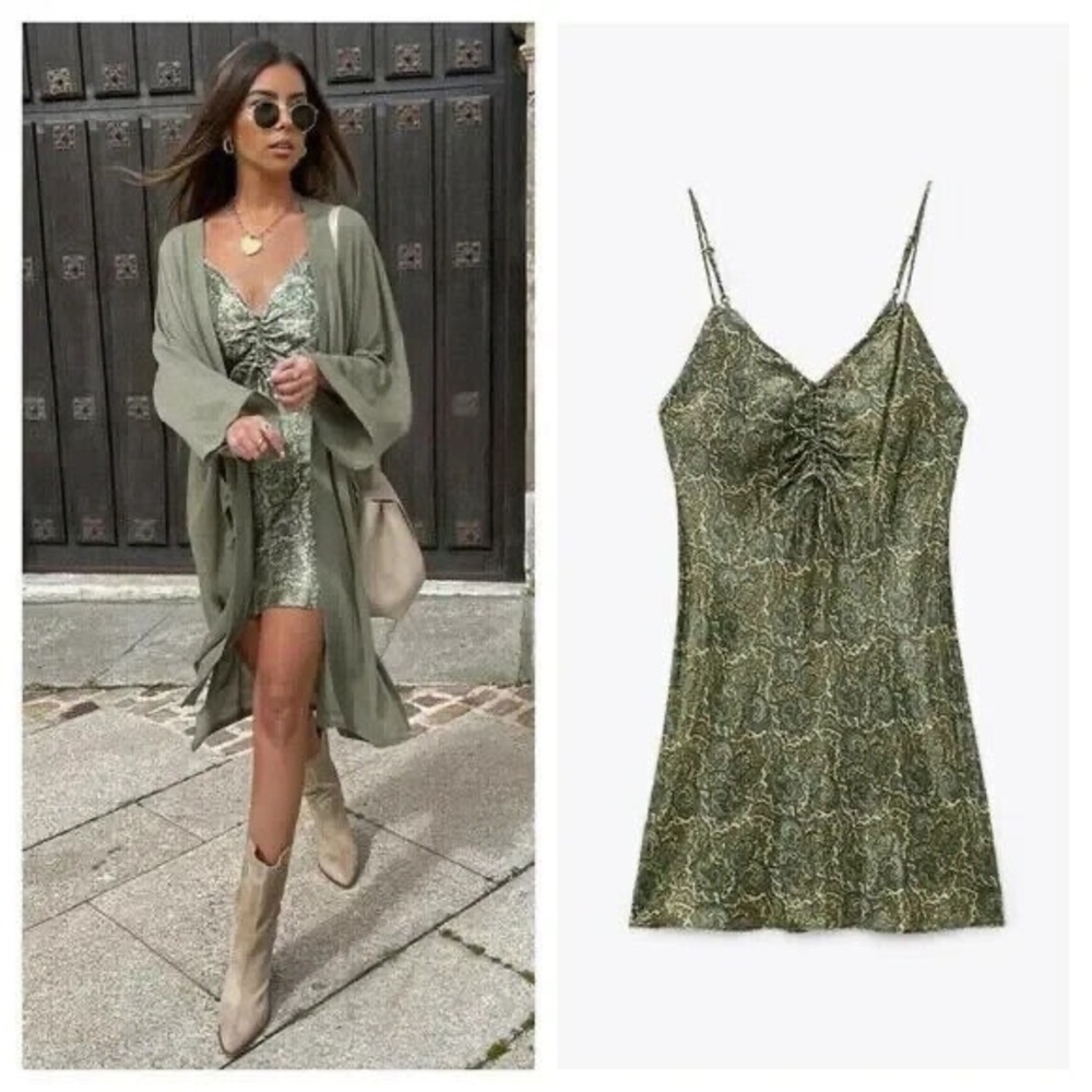 ZARA GREEN SATIN SILK SLIP DRESS SUMMER Y2K